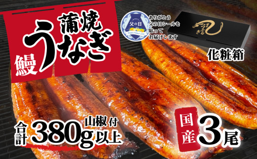 [ 父の日ギフト ][化粧箱入り] 国産うなぎ 蒲焼き 3尾 セット ( 380g ) 大きさ の不揃い 山椒付き ウナギ 鰻 ふぞろい 不揃い うな重 ひつまぶし 人気 茨城 八千代町 ふるさと納税 冷凍 父の日