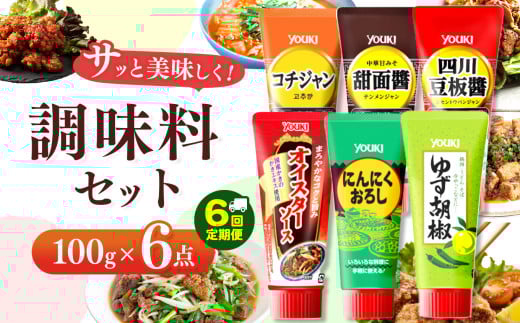 【ふるさと納税】【定期便6回】調味料6点セット（四川豆板醤、甜面醤、コチジャン、オイスターソース、ゆず胡椒、にんにくおろし）各100ｇ×6 | 調味料 6種 那珂川町 栃木県 2089243 - 栃木県那珂川町