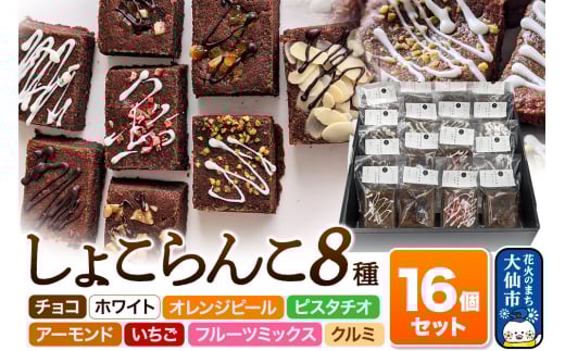 しょこらんこ16個セット［8種詰め合わせ］ブラウニー（チョコ、ホワイト、オレンジピール、ピスタチオ、アーモンド、イチゴ、フルーツミックス、クルミ）スイーツ お菓子 571189 - 秋田県大仙市