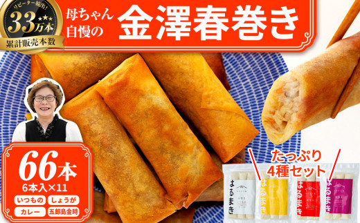 【レビューキャンペーン実施中】リピーター続出!!金澤春巻き 4種詰め合わせ 11袋  パリパリの皮が自慢の母ちゃん春巻き。冷めてもうまい お弁当に ビールのおつまみにも。＜最短2営業日以内発送・着日指定 可能＞【年末配送 おせち 春巻き はるまき 中華 ギフト 惣菜 冷凍 弁当 つまみ 人気 最速発送】 1530659 - 石川県金沢市