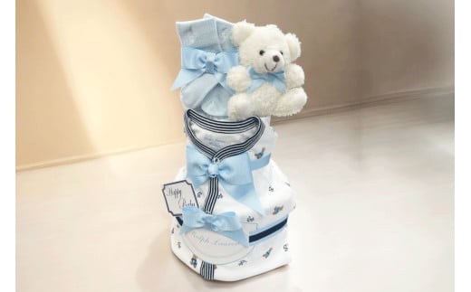 おむつケーキ　デザイン：ペアロゴ（9M） 【おむつ ケーキ プレゼント 洋服 カバーオール 靴下 ギフト お祝い】