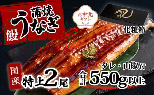 [ お中元熨斗つき ][化粧箱入り]特上 国産うなぎ 蒲焼 2尾セット [合計550g以上] タレ・山椒付 ウナギ 鰻 うな重 ひつまぶし 人気 茨城 八千代町 ふるさと納税 冷凍 お中元 中元 熨斗 ギフト プレゼント 化粧箱入り[SZRY]