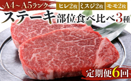【定期便6回】博多和牛【A4～A5】ステーキ部位食べ比べ3種（ヒレ150g×2枚、ミスジ100ｇ×2枚、モモ100ｇ×2枚）計700ｇ 2081197 - 福岡県大川市