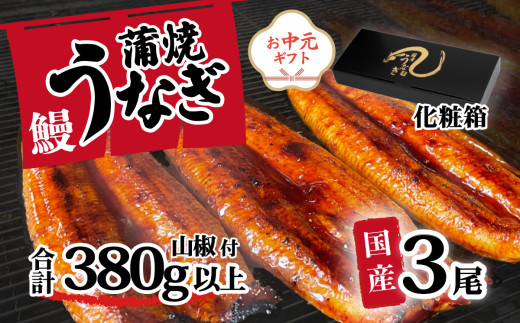 [ お中元熨斗つき ][化粧箱入り]国産うなぎ 蒲焼き 3尾 セット ( 380g ) 大きさ の不揃い 山椒付き ウナギ 鰻 ふぞろい 不揃い うな重 ひつまぶし 人気 茨城 八千代町 ふるさと納税 冷凍 お中元 中元 熨斗 ギフト プレゼント 化粧箱入り[SZRY]