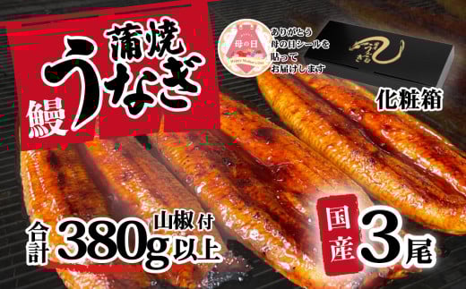 [ 母の日ギフト ][化粧箱入り] 国産うなぎ 蒲焼き 3尾 セット ( 380g ) 大きさ の不揃い 山椒付き ウナギ 鰻 ふぞろい 不揃い うな重 ひつまぶし 人気 茨城 八千代町 ふるさと納税 冷凍 母の日