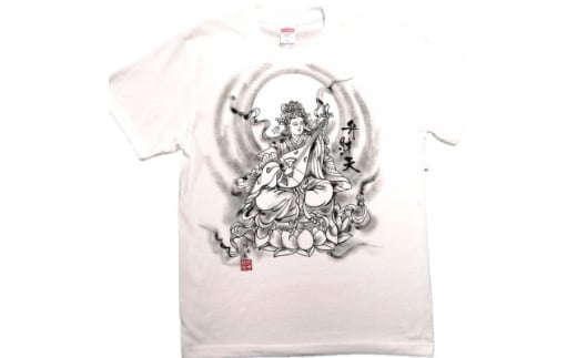 手描きTシャツ 仏画 弁財天 白 (半袖 Sサイズ)【1615612】