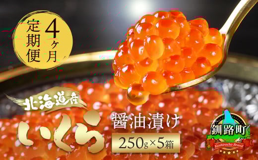 【定期便 4ヶ月連続】北海道産 いくら醤油漬け 250g ×5箱 小分け | 国産 いくら いくら醤油漬 しょう油 しょうゆ HACCP イクラ ikura 小分け 天然 鮭 鮭卵 鮭いくら 魚卵 冷凍 定期便 魚介類 海鮮 絶品 人気 笹谷商店 直営 釧之助本店 北海道 釧路町 釧路超 特産品 br04