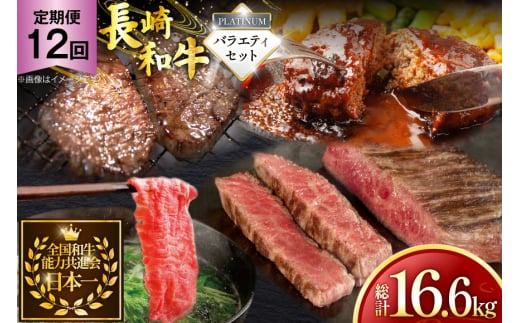 牛肉 和牛 定期便 長崎和牛 バラエティセット「プラチナ」 12回 総計16.6kg [黒牛 長崎県 東彼杵町 hs42bag750083] 牛肉 ローストビーフ ステーキ しゃぶしゃぶ モモ もも ヒレ ヒレ肉 ざぶとん ハンバーグ
