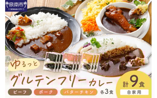 【自家用 化粧箱なし】ゆるっとグルテンフリーカレー ビーフ（中辛）ポーク（甘口）バターチキン（辛口）合計9食セット【092D-011】 2084464 - 大阪府泉南市