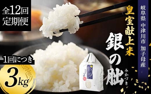 [テレビで紹介されました!]令和7年度 新米[全12回定期便]皇室献上米『銀の朏』3kg 中津川市加子母産 栽培期間中化学肥料不使用 お米 新米 精米