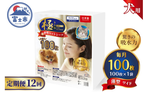 定期便 12回 ペットシーツ 【極】シリーズ 薄型ワイド 100枚 ペット用 犬用 猫用 トイレシーツ 日用品 ペット用品 防災 備蓄 消耗品 ドッグ キャット わんちゃん ねこちゃん 静岡県 富士市 [sf077-139] 2095962 - 静岡県富士市