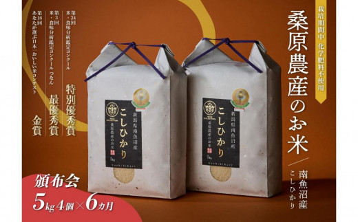 【頒布会】R7年産新米　最優秀賞受賞【8割減農薬】最高峰南魚沼産こしひかり20kg（5kg×4）×6ヶ月　桑原農産のお米(精米)