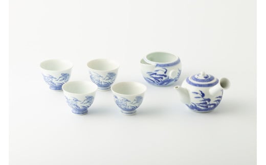 [セット]有田焼 染付流水鷺文茶器セット(急須、湯冷まし、煎茶碗4個セット) 辻精磁社