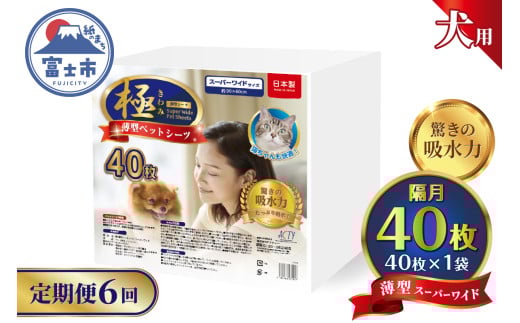 定期便 6回 ペットシーツ 【極】シリーズ 薄型スーパーワイド 40枚 ペット用 犬用 猫用 トイレシーツ 日用品 ペット用品 防災 備蓄 消耗品 ドッグ キャット わんちゃん ねこちゃん 静岡県 富士市 [sf077-142]