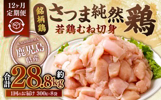 【12回定期便】鹿児島県産 銘柄鶏・さつま純然鶏 若鶏 むね切身（300g×8パック×12回 合計28.8kg）むね肉 若どり HS-902 2073543 - 鹿児島県薩摩川内市