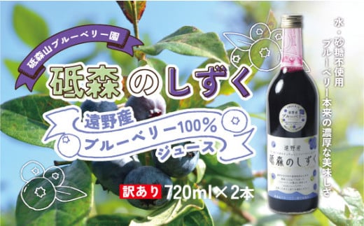 【 訳あり品 】 ブルーベリー ジュース  果汁100% （720ml ×2本） 岩手県 遠野市 遠野食工房蔵 / 栽培期間中 農薬不使用 無農薬 除草剤不使用 砥森山ブルーベリー園