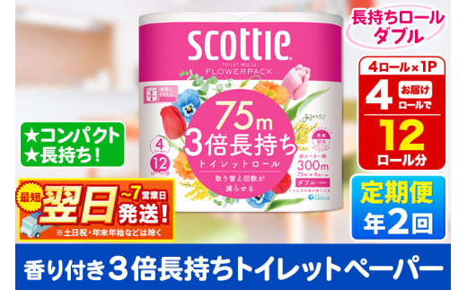《6ヶ月ごとに2回お届け》定期便 スコッティ フラワーパック 3倍長持ち 4ロール(ダブル)×1パック【レビューキャンペーン中】 秋田市オリジナル 2087946 - 秋田県秋田市