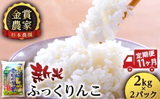 【新米予約】【定期便11回】ふっくりんこ4kg(2kg x 2)≪杉本農園≫ 2092231 - 北海道知内町