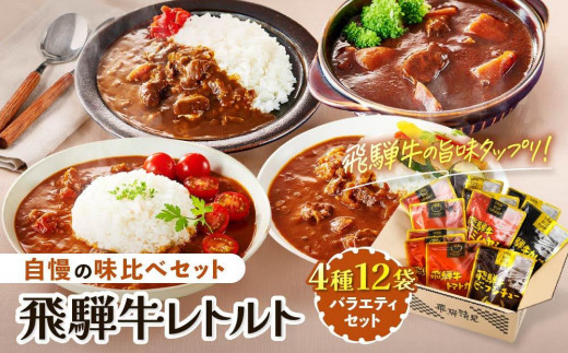【1月発送】訳あり 飛騨牛レトルト４種１２袋！ バラエティセット 飛騨牛 肉 牛 カレー ビーフカレー トマトカレー ビーフシチュー デミハヤシ レトルト 12袋 簡易包装 レトルトカレー ご当地カレー おいしい 便利 飛騨高山 ふるさと清見21 DC002VC01