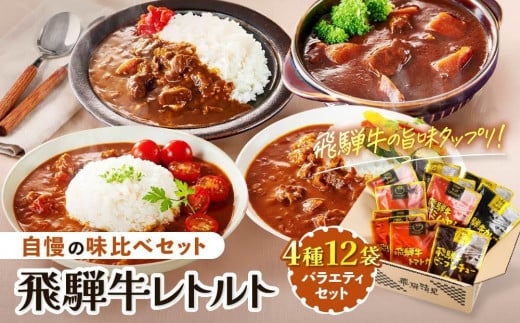 【7月発送】訳あり 飛騨牛レトルト４種１２袋！ バラエティセット 飛騨牛 肉 牛 カレー ビーフカレー トマトカレー ビーフシチュー デミハヤシ レトルト 12袋 簡易包装 レトルトカレー ご当地カレー おいしい 便利 飛騨高山 ふるさと清見21 DC002VC07 2090793 - 岐阜県高山市