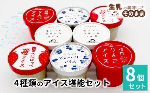 4種類のアイス堪能８個セット 生ソフトクリームアイス 紅ほっぺ いちごアイス 80ml 100ml 生乳 牛乳 ミルク スイーツ アイスクリーム 信州 搾りたて アイス イチゴ ブルーベリー 5000円 1717729 - 長野県根羽村
