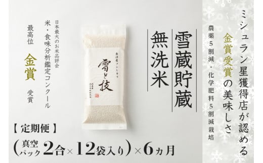 【令和7年産新米】【6ヶ月定期便】〔真空パック2合×12袋〕×6ヵ月《雪蔵貯蔵 無洗米》金賞受賞 魚沼産コシヒカリ 雪と技 農薬5割減・化学肥料5割減栽培 714413 - 新潟県津南町