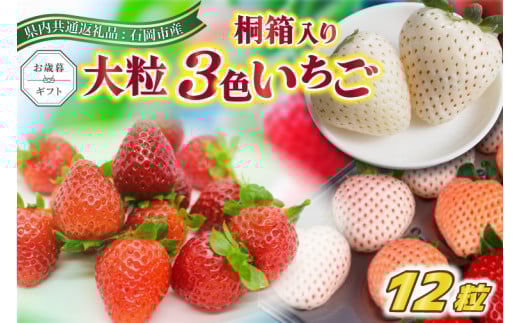 お歳暮　桐箱入り　大粒3色いちご　12粒　県内共通返礼品　石岡市産 (BR145) 1523803 - 茨城県城里町