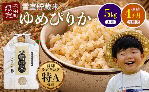 【定期便4ヶ月】令和7年産 ゆめぴりか 玄米5kg 計4回毎月お届け 発送月が選べる 特A 雪冷気 籾貯蔵 雪中米 北海道