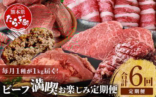 【定期便6回】 1kg×6種！ くまもと ビーフ 満喫 お楽しみ定期便【合計6kg】 熊本 あか牛1kg/牛タン 1kg/黒毛和牛 モモステーキ 1kg/あか牛スジ/ハラミ/黒毛和牛ハンバーグ 和牛 ブランド牛 タン バラエティ 定期便 熊本県産 092-0021