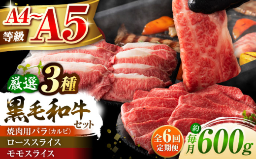 【全6回定期便】くまもと黒毛和牛「藤彩牛」厳選3種の食べ比べ計600g 3901 / 熊本 菊陽 牛 たべくらべ 肉 牛 ブランド スライス モモ カルビ やきにく お祝 ご褒美【株式会社フジチク】 [BHAD040]