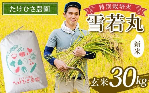 【令和7年産 新米 先行予約】 特別栽培米 雪若丸 (玄米) 30kg 《令和7年9月下旬～発送》 『たけひさ農園』 山形南陽産 米 ご飯 農家直送 山形県 南陽市 [2367-R7]