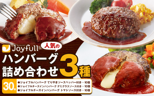 ジョイフルハンバーグ 人気の詰め合わせ 30個 生ハンバーグ チーズインハンバーグ 1個120g ソース付き 食べ比べ 3種類 セット 《30日以内に出荷予定(土日祝除く)》 牛肉 ジョイフル 焼くだけ ハンバーグ 惣菜 おかず 冷凍 送料無料 990284 - 熊本県菊池市