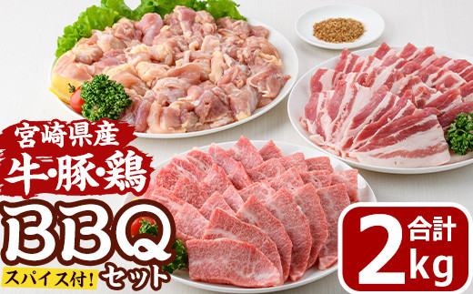 宮崎県産 牛・豚・鶏 BBQ セット(合計2.5kg・ スパイス 小袋付) 宮崎牛 豚バラ 鶏モモ もも 焼肉 焼き肉 バーベキュー アウトドア バラ 豚 肉 国産 冷凍 小分け 宮崎県 門川町【MF-72】【エムファーム】