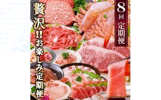 定期便8回配送　ぜいたく!!お楽しみ定期便　HH0-0001_ 定期便 牛肉 肉 お肉 サーロイン ステーキ 焼肉 しゃぶしゃぶ ロース バラ スライス かつお まぐろ 中トロ 【1505356】 1528598 - 鹿児島県枕崎市
