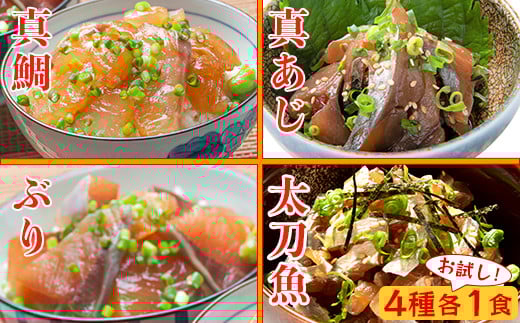 りゅうきゅう4種(真鯛・ぶり・真あじ・太刀魚)[お試し各1食セット] 海鮮丼 漬け丼 大分郷土料理 豊後絆屋 ふるさと納税 魚 冷凍 加工品 惣菜 おすすめ おいしい 刺身 詰め合わせ おせち セット 産地直送 国産 大分県 海鮮 漬け 真空パック 小分け 惣菜 人気 鯛 タイ たい 鰤 ブリ ぶり 鯵 アジ あじ 太刀魚 タチウオ たちうお 父の日 ＜101-032＞ 2098125 - 大分県杵築市