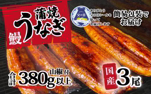 [ 父の日ギフト ] 国産うなぎ 蒲焼き 3尾 セット ( 380g ) 大きさ の不揃い 山椒付き ウナギ 鰻 ふぞろい 不揃い うな重 ひつまぶし 人気 茨城 八千代町 ふるさと納税 冷凍 父の日