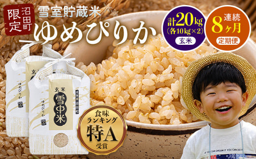 【定期便8ヶ月】令和7年産 ゆめぴりか 玄米20kg 11月から計8回毎月お届け 特Aランク米 雪冷気 籾貯蔵 雪中米 北海道 7300-01