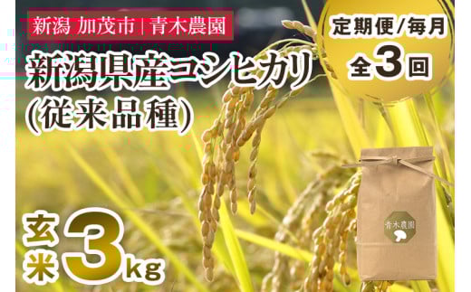 【令和7年産新米先行予約】【定期便3回毎月お届け】新潟県産 コシヒカリ（従来品種）玄米3kg（3kg×1袋）《10月上旬から順次発送》 玄米 白米 きのこ農家ならではの有機質肥料 お米 新潟産 コシヒカリ 加茂市 青木農園 2101440 - 新潟県加茂市