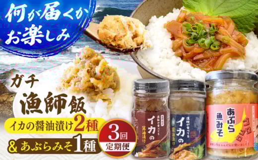 【3回定期便】【何が届くかお楽しみ！】イカの醤油漬け2種＆あぶらみそ1種 ランダムで３瓶お届け！平戸市/康貴丸水産 [KAB309]