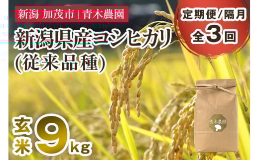 【令和7年産新米先行予約】【定期便3回隔月お届け】新潟県産 コシヒカリ（従来品種）玄米9kg（3kg×3袋）《10月上旬から順次発送》 玄米 白米 きのこ農家ならではの有機質肥料 お米 新潟産 コシヒカリ 加茂市 青木農園