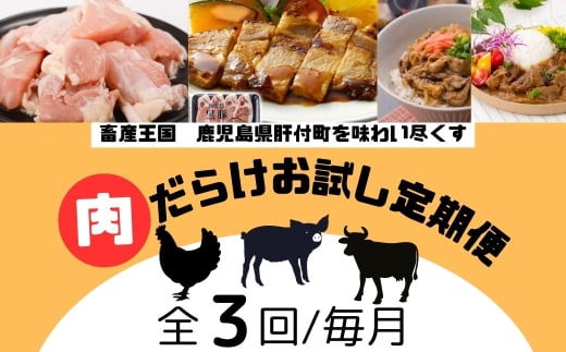 C90001 ＜定期便・全3回＞肝付町セレクト定期便《肉だらけお試し定期便》 鹿児島  牛肉 黒毛和牛 豚肉 黒豚 鶏肉 唐揚げ  味付け 定期便 セレクト 加工品 肉加工品 簡単調理 冷凍 冷凍食品 【株式会社きもつき未来商社そらまち】
