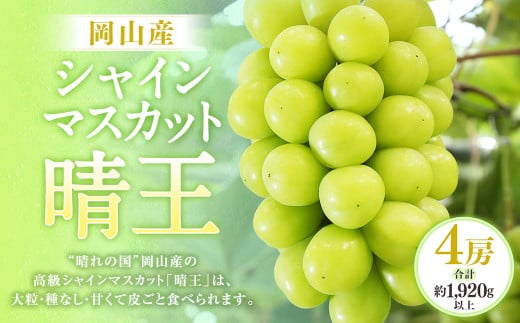 シャインマスカット 晴王 4房（1房480g以上・合計1.92kg以上）【2025年8月下旬～10月下旬迄発送予定】 マスカット 葡萄 ブドウ ぶどう フルーツ 果物 国産 岡山県産