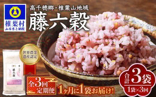 【3回定期便】【雑穀米】藤の花色に染まる美しい六穀米《藤六穀》300g×1袋 3回配送【世界農業遺産 高千穂郷・椎葉山地域】送料無料 定期便 定期 保存食 非常食 米 お米 ご飯 ご当地 贈り物 手土産 お土産 挨拶 祝い ギフト 父 母 栄養 健康 うるち米 たかきび 挽割とうもろこし もちあわ もち麦 黒米【TT-12】