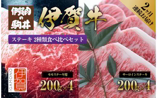 2ヶ月連続お届け 伊賀牛 ステーキ(1:モモ・2:サーロイン)各200g×4枚 647889 - 三重県伊賀市