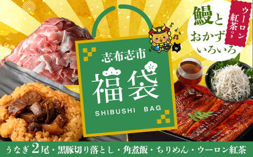 志布志市福袋！鰻とおかずいろいろセット(霧島湧水鰻2尾＆釜揚げちりめん＆黒豚ウデ切り落とし＆ウーロン紅茶＆角煮飯) ウナギ 蒲焼 2尾 バラエティ お楽しみ b8-034 1701773 - 鹿児島県志布志市
