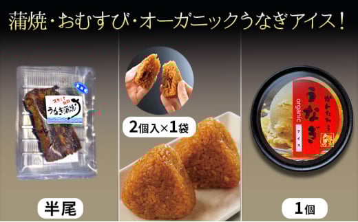 うなぎの蒲焼半尾約60g/うなぎ入りおむすび2個入1袋/うなぎアイス2個セット うなぎ 鰻 ウナギ 蒲焼 アイス おむすび おにぎり おやつ デザート スイーツ セット 冷凍 国産鰻 浜松市 静岡県[№5360-0507]