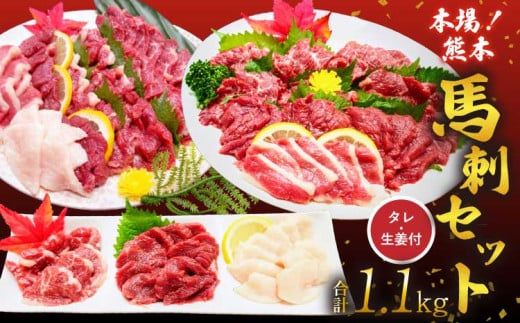 馬刺し 霜降り 赤身 1.1kg 熊本 国産 熊本 大トロ 中トロ 赤身 フタエゴ コウネ タレ1本付き 馬刺しセット 1.1kg 312394 - 熊本県宇城市