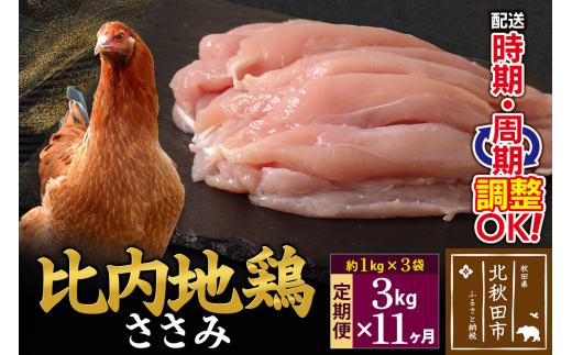 《定期便11ヶ月》 比内地鶏 ささみ 3kg（1kg×3袋）×11回 計33kg 時期選べる お届け周期調整可能 11か月 11ヵ月 11カ月 11ケ月 33キロ 国産 冷凍 鶏肉 鳥肉 とり肉 ササミ