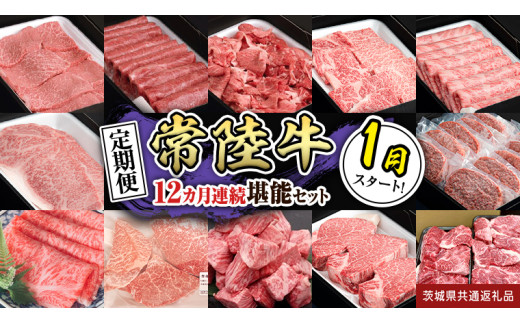 【定期便】【令和8年1月スタート】【全12回】『常陸牛』人気12か月堪能セット（12か月連続でお届け） お肉 肉 牛肉 ステーキ ハンバーグ サーロイン 赤身 切り落とし 霜降り カルビ (茨城県共通返礼品)