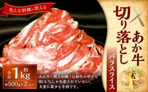 熊本和牛あか牛切り落とし約1kg（約500g×2） あか牛 肉 お肉 牛肉 バラ バラ肉 カルビ 褐牛 褐毛和種 和牛 国産牛 切り落とし 切落し スライス 薄切り 熊本県 上天草市 冷凍 2050322 - 熊本県上天草市